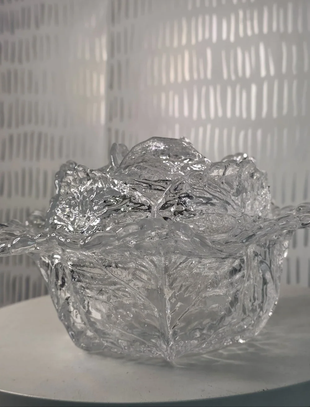 Vintage Clear Glass Cabbage Leaf Bowl with Lid Pressed Glass